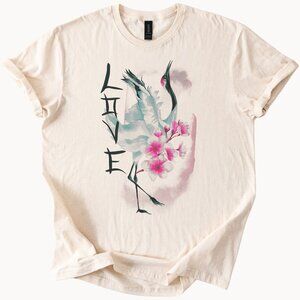LOVE Crane Cherry Blossom Japanese Art T-Shirt